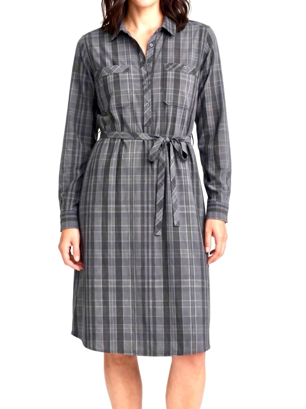 Eddie Bauer Departure Shirt Dress XL Plaid Tie Belt - Gray/Black NWT $99